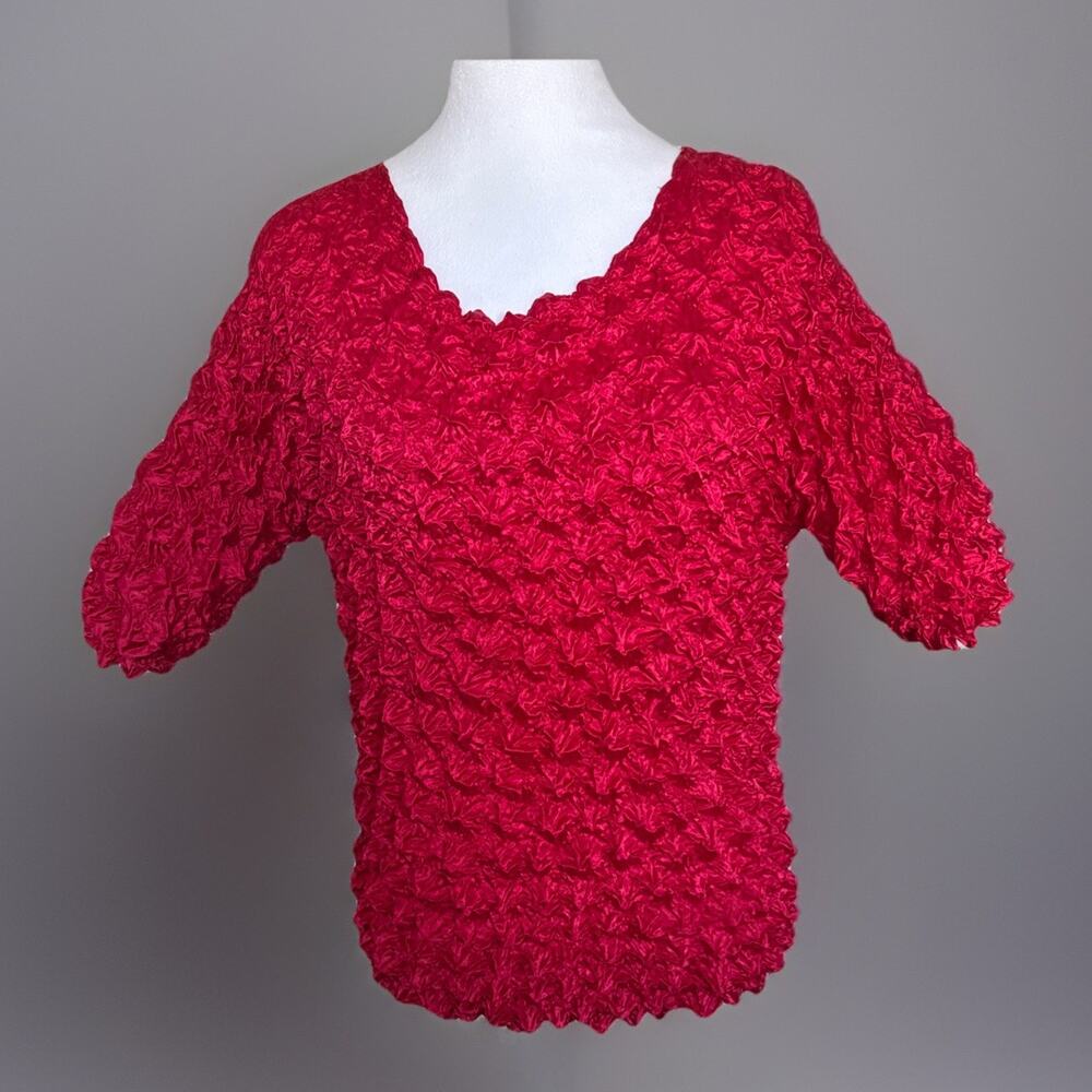 Vtg F C Red Crinkle Pleated Stretch Top 3/4 Sleeve One Size Fits Most Boho Chic